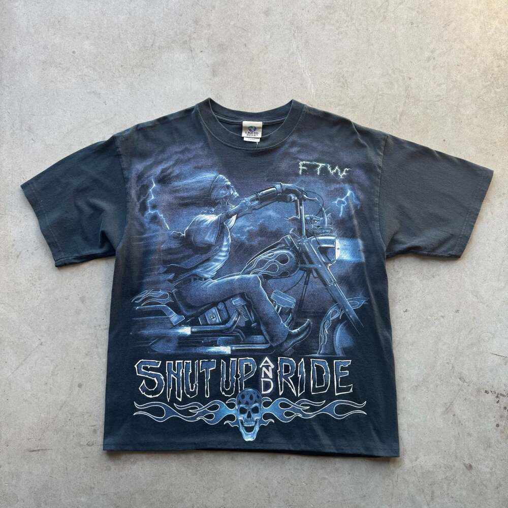Vintage Cropped Liquid Blue Shut Up And Ride Skeleton Biker Graphic Tee - Picture 1 of 4